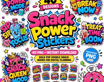 40 PNG Snack Power Stickers PNG,Cute Snack Mood Digital Planner Stickers, Funny Food Doodle Stickers for GoodNotes, iPad Planner, Journal