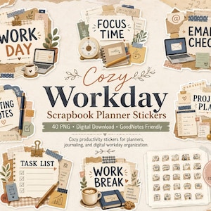 May include: A collection of digital scrapbook planner stickers featuring the text Cozy Workday Scrapbook Planner Stickers, 40 PNG, Digital Download, GoodNotes Friendly. The stickers display illustrations of work-related items like laptops, coffee cups, pens, and notebooks in a neutral color palette.