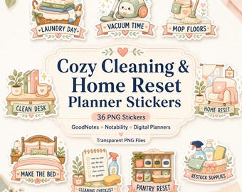 36 PNG Cozy Cleaning Planner Stickers, Home Reset, Chore, GoodNotes, PNG (Digital Download)