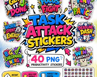 40 PNG Task Attack Stickers PNG, Productivity Digital Planner Stickers, Bold Pop Doodle To Do Stickers, Checklist Stickers for GoodNotes