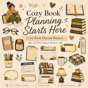 Puede incluir: Una colección de 40 pegatinas digitales con ilustraciones de una persona leyendo, pilas de libros, una vela, gafas, un diario, una taza, una lámpara y una manta. El texto dice Cozy Book Planning Starts Here y Cozy Book Planner Stickers.