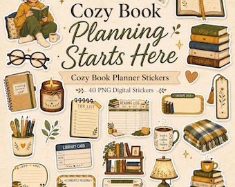 40 PNG Cozy Book Planner Stickers , Reading Journal Stickers, Book Lover Digital Stickers, GoodNotes Planner Stickers, Bookish Sticker Set