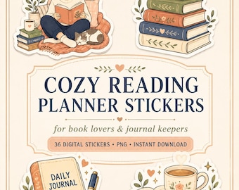 36 PNG Cozy Reading Planner Stickers, Book Lover Journal Art  Digital Stickers