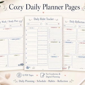 Op de afbeelding: Drie beige dagplannerpagina's met bloemaccenten en de tekst "Cozy Daily Planner Pages". De pagina's bevatten secties voor werk/studieplannen, het volgen van gewoonten en dagelijkse reflectie. De planner is ontworpen voor digitale planning.