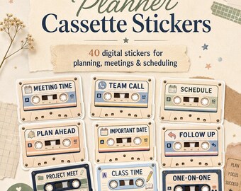 40 PNG Retro Meeting Planner Cassette Stickers PNG, Digital Planner Stickers, Work Meeting Stickers, Retro Cassette Labels, GoodNotes