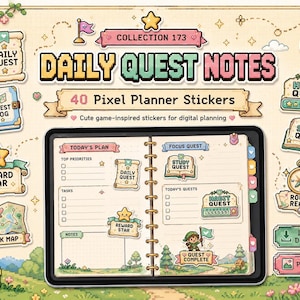 May include: A digital planner sticker set titled Daily Quest Notes featuring 40 pixel art elements. The collection includes icons like scrolls, compasses, reward stars, and task maps, displayed around a tablet screen showing a daily planner layout.