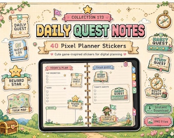 40 PNG Daily Quest Notes Stickers, Pixel Planner Stickers, GoodNotes PNG, Quest Digital Stickers, Habit Tracker, Study Work Planner