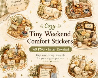 40 PNG Cozy Tiny Weekend Comfort Stickers,Digital Planner Stickers, GoodNotes Stickers, Cozy Weekend Journal Stickers