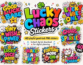 40 PNG Lucky Chaos Stickers PNG,Good Luck Digital Planner Stickers, Colorful Pop Doodle Mood Stickers, Lucky Charm PNG for GoodNotes Journal
