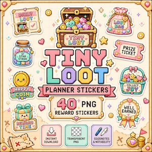 Peut inclure: Une collection d'autocollants numériques en pixel art comprenant un coffre au trésor, un sac de butin, un bocal d'étoiles, une pièce joyeuse, un cadeau, un ticket, un panier et un ruban. Le texte indique Tiny Loot Planner Stickers 40 PNG.