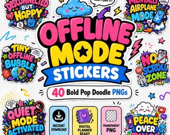 40 PNG Offline Mode Stickers PNG, Digital Detox Planner Stickers, Funny No Notifications Doodle Stickers, GoodNotes Notability Journal