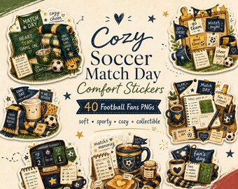 40 PNG Cozy Soccer Match Day Digital Stickers, Football Fan Planner PNG, Watch Party Stickers, Match Day Journal, Cozy Sports Sticker Set