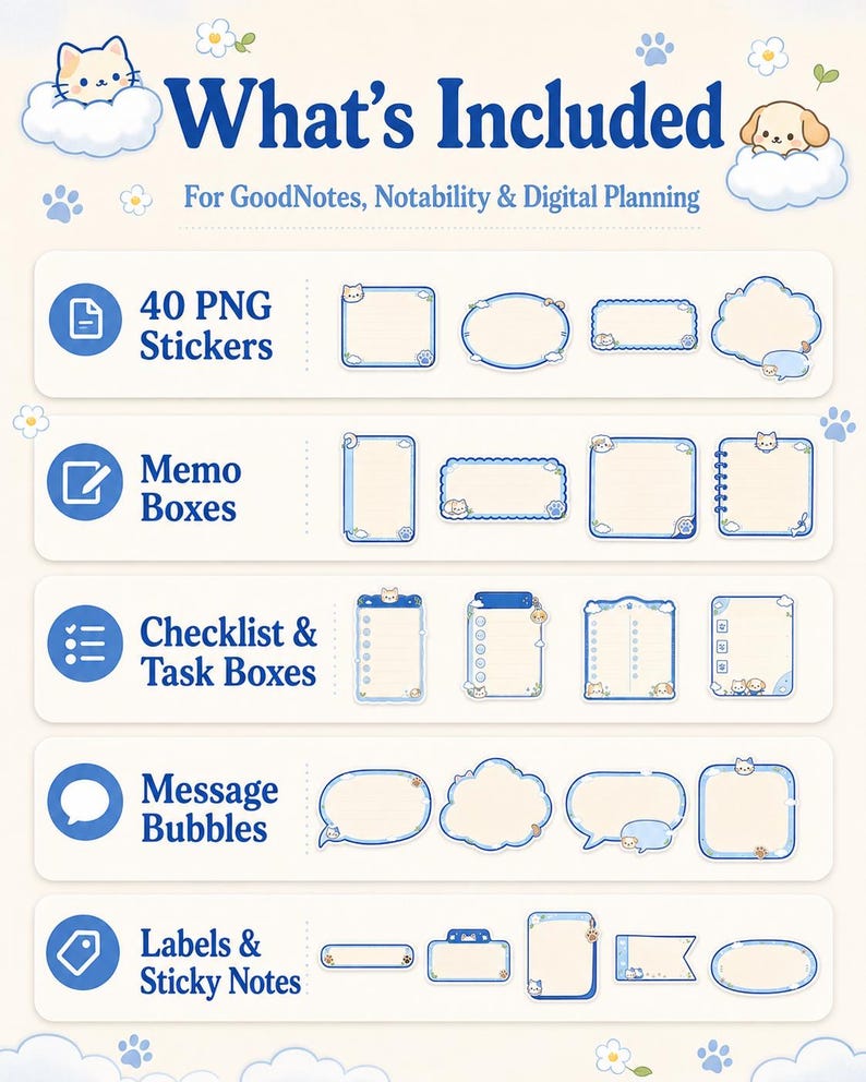Very Blue Sticker Note Cozy Blue Sky Cat Dog Message Box Stickers, Planner Accents (digital ...