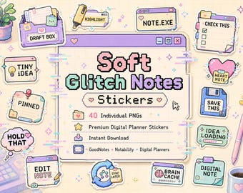 40 PNG Soft Glitch Notes Stickers PNG, Cute Pixel Digital Planner Stickers, GoodNotes Stickers, 8 Bit Note Stickers, Kawaii Planner Stickers