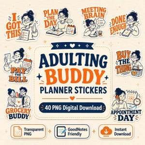 Könnte beinhalten: Eine Sammlung digitaler Planer-Aufkleber mit Illustrationen einer Frau, die tägliche Aufgaben erledigt. Die Aufkleber enthalten Sätze wie „Ich schaffe das“, „Den Tag planen“ und „Die Rechnung bezahlen“. Das Set trägt den Titel „Adulting Buddy Planner Stickers“.