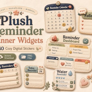 May include: A collection of digital planner widgets featuring a plush, embroidered aesthetic. The set includes a calendar, reminder dashboard, weekly and daily trackers, and various icons in muted tones of blue, green, orange, and cream.