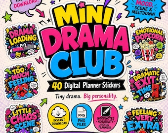 40 PNG Mini Drama Club Stickers PNG | Funny Dramatic Mood Digital Planner Stickers | Cute Comic Reaction Stickers for GoodNotes Notability