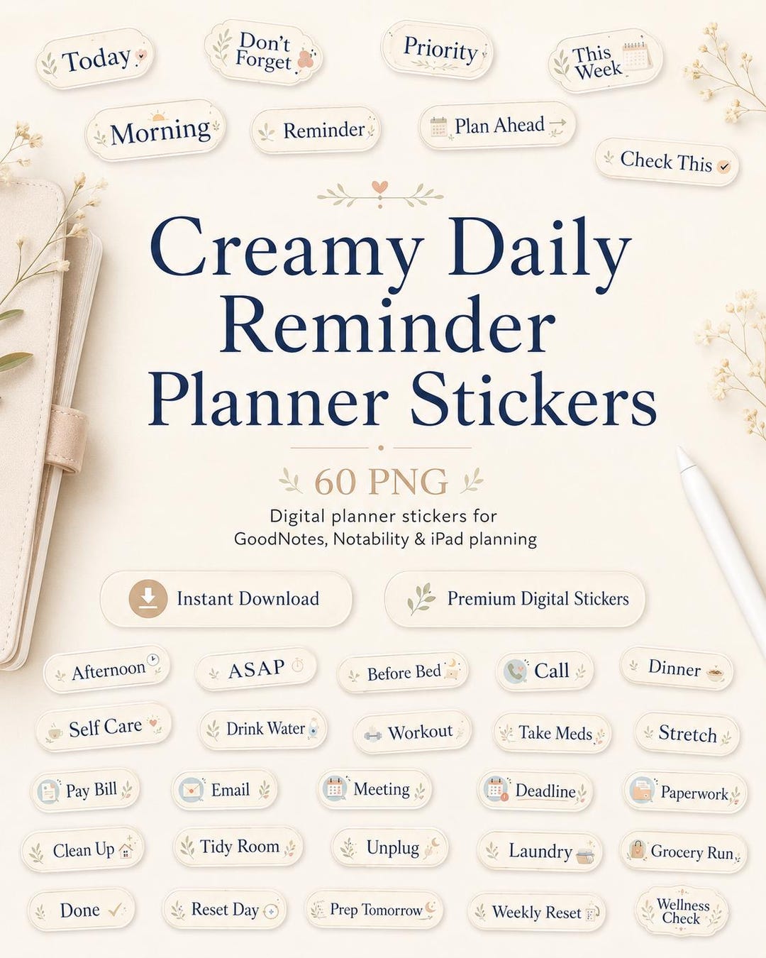 Dail Routine Label 60 PNG Creamy Daily Reminder Planner Stickers for Goodnotes, Routine ...