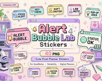 40 PNG Alert Bubble Lab Stickers PNG, Cute Pixel Planner Stickers, Digital Reminder Stickers, GoodNotes Notability Stickers,Transparent