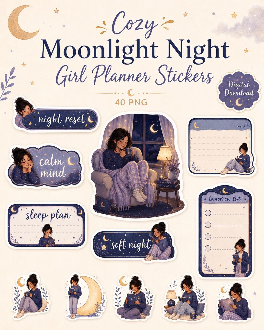 40 PNG Cozy Moonlight Night Girl Planner Stickers for Digital Planner ...