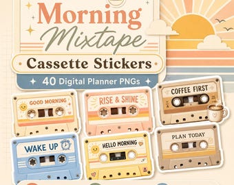 40 PNG Morning Mixtape Cassette Stickers, Retro Morning Digital Planner Stickers, Cute Cassette Stickers for GoodNotes, Notability