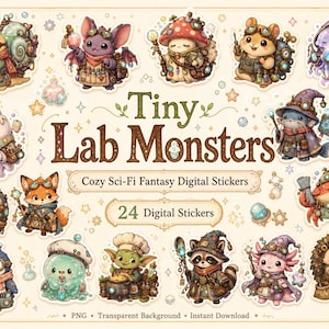 May include: A collection of 24 digital stickers featuring whimsical "Tiny Lab Monsters." Each sticker showcases a unique creature in a cozy sci-fi fantasy theme, with details like goggles, lab coats, and potions. The stickers are available as PNG files with a transparent background.