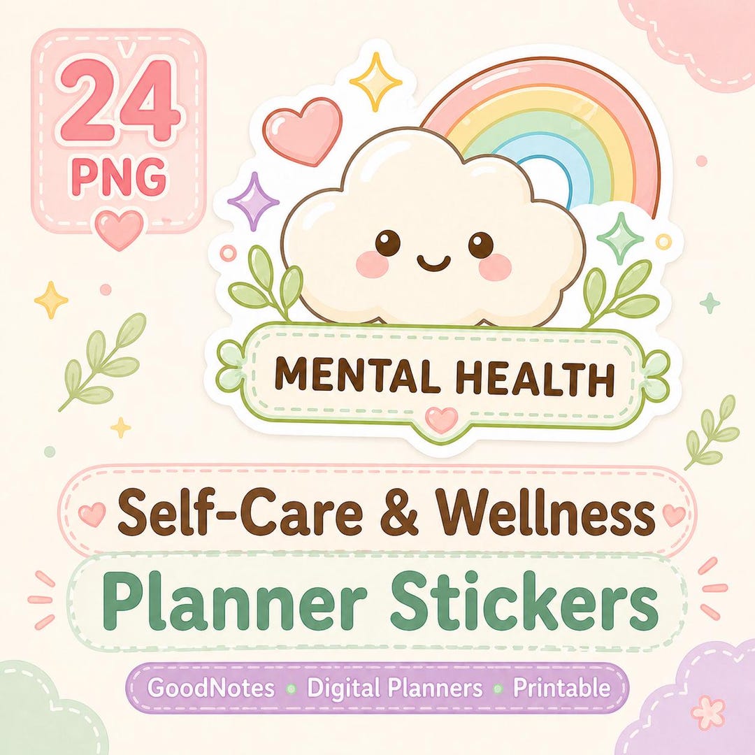 24 Kawaii Self Care Planner Stickers, Mental Health Wellness Icons ...