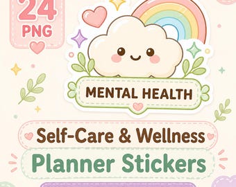 24 Kawaii Self Care Planner Stickers, Mental Health Wellness Icons (Digital Download)