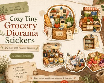 40 PNG Cozy Tiny Grocery Diorama Planner Stickers,Digital Stickers, Cute Market Food Stickers for GoodNotes, Notability, Journal
