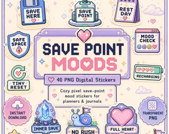 40 PNG Save Point Moods Stickers PNG, Cute Pixel Art Digital Planner Stickers, Cozy Mood Tracker, Self Care Journal Stickers, GoodNotes