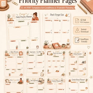 May include: A collection of printable planner pages with a cozy theme. The pages include daily, weekly, and monthly planners, along with to-do lists and goal trackers. The design features soft colors, illustrations, and the text "Cozy Reminder & Priority Planner Pages".