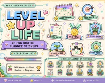 40 PNG Level Up Life Stickers PNG, Cute Pixel Planner Stickers, Habit Tracker, Goal Planner, Self Growth Digital Stickers for GoodNotes