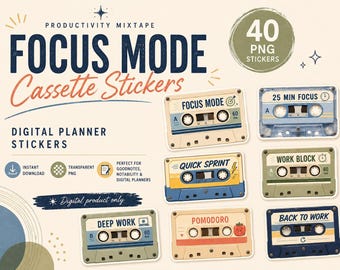 40 PNG Focus Mode Cassette Stickers,Digital Planner Stickers, Retro Productivity Stickers for GoodNotes, Notability, iPad Planner