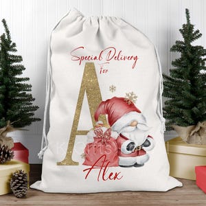 May include: A white fabric drawstring gift sack featuring a large gold glitter letter A, a red-hatted gnome holding a red gift bag, and the red text Special Delivery For Alex. The design includes small gold snowflake accents on the gnome.