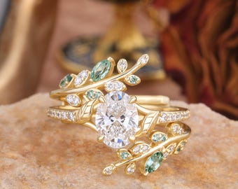 Moissanite Verlobungsring Set, 14K Gold Grün Saphir Blatt Zweig Ehering, Natur inspiriert Braut Stapelring, Versprechen Ring für Sie