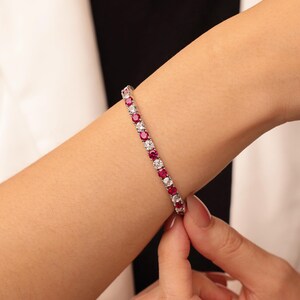 Created Ruby Moissanite Tennis Bracelet, July Birthstone, 18K White Gold Plated S925 Sterling Silver
