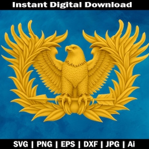 May include: A golden eagle emblem with outstretched wings, surrounded by a laurel wreath, set against a blue background. The image includes the text "Instant Digital Download" at the top and file type options at the bottom.