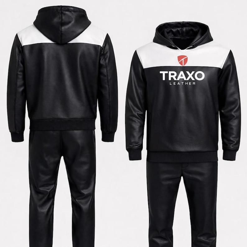 May include: Black and white leather hoodie and matching pants set. The hoodie has a white panel across the shoulders and hood, with the text "TRAXO LEATHER" printed on the chest. The set is made of a smooth, shiny material.