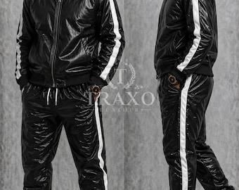 Men's Black Leather Tracksuit, Jogging style Men Active Wear Geniune Leather Track Suit Sweatsuit