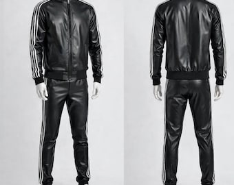 Geniune Black Leather Tracksuit - Jogging style Men's Active Wear Premium Leather Track Suit - Leather Sweatsuit - Gift For Men