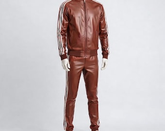 Men Geniune Leather Tracksuit - Jogging style Men's Active Wear Red Leather Track Suit - Leather Sweatsuit