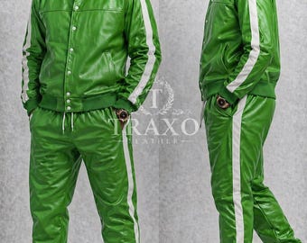 Green Leather Tracksuit - Jogging style Men's Active Wear Premium Leather Track Suit - Leather Sweatsuit - Green & White Stripes