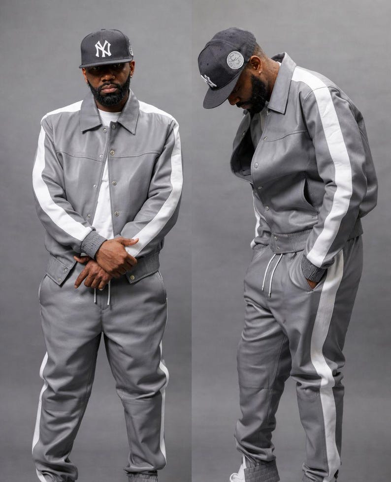 Chándal de cuero gris premium Brayden para hombre - Estilo jogging Chándal de cuero genuino para hombre - Sudadera de cuero - Regalo imagen 1
