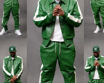 Chándal de cuero verde - Ropa deportiva para hombre estilo jogging - Chándal de cuero premium - Conjunto deportivo de cuero - Rayas verdes y blancas