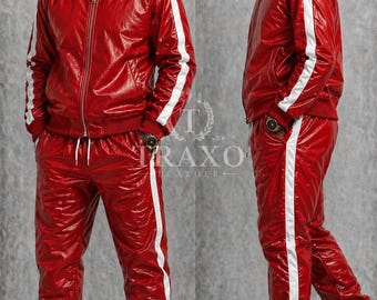 Chándal de cuero genuino para hombre - Estilo jogging Ropa deportiva para hombre Chándal de cuero rojo - Sudadera de cuero