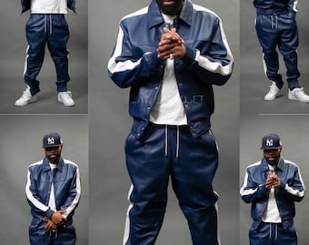 Chándal de cuero azul - Estilo jogging Ropa deportiva para hombre Chándal de cuero premium - Sudadera de cuero - Rayas azules y blancas