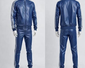 Geniune Leather Tracksuit - Jogging style Men's Active Wear Blue Leather Track Suit - Leather Sweatsuit