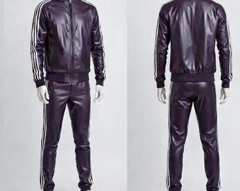 Men Geniune Leather Tracksuit - Jogging style Men's Active Wear Purple Leather Track Suit - Leather Sweatsuit