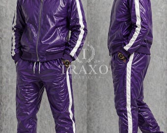 Chándal de cuero genuino para hombre - Estilo jogging Chándal de cuero morado para hombre - Sudadera de cuero