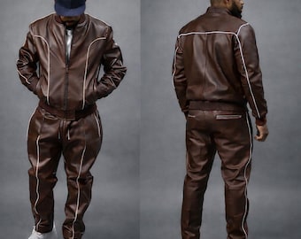 Chándal de cuero marrón - Estilo jogging para hombre. Chándal de cuero premium Brayden - Chándal de cuero genuino - Regalo para hombre.